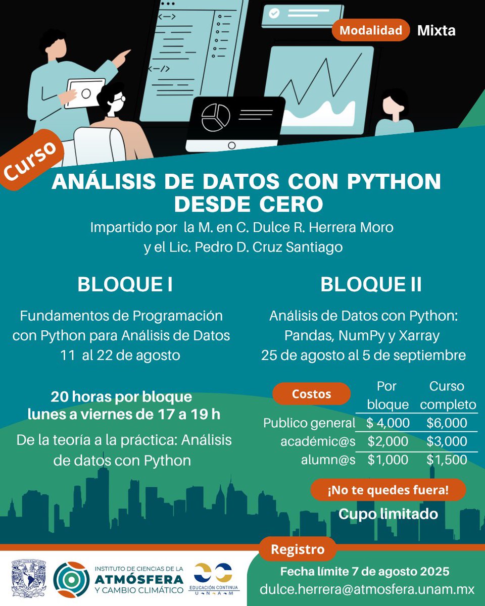ICAyCC_UNAM's tweet image. Aprende el análisis de datos con el curso 
💻 ᴀɴáʟɪꜱɪꜱ ᴅᴇ ᴅᴀᴛᴏꜱ ᴄᴏɴ ᴘʏᴛʜᴏɴ ᴅᴇꜱᴅᴇ ᴄᴇʀᴏ
📆 11 de agosto al 5 de septiembre
📍Hibrido
 #Python #AnálisisDeDatos #ICAyCC #programaciónpython