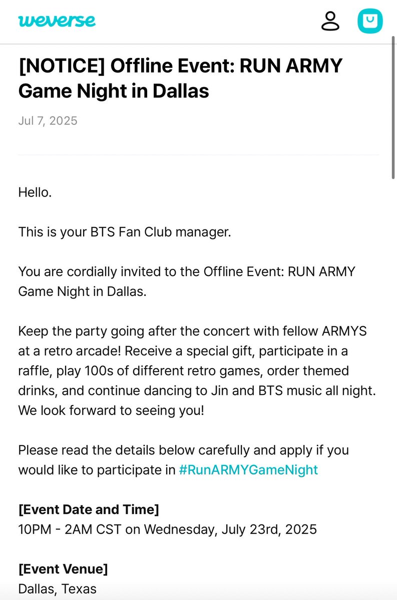 sawok_2minn's tweet photo. [ประกาศ] กิจกรรมออฟไลน์:#RunARMYGameNight ในดัลลาส - 7 ก.ค. 2025

ร่วมปาร์ตี้หลังคอนเสิร์ตกับเหล่าอาร์มี่ รับของขวัญพิเศษ เข้าร่วมการจับฉลาก เล่นเกมย้อนยุคกว่า 100 เกม สั่งเครื่องดื่มตามธีม และเต้นรำไปกับเพลงของจินและ BTS ตลอดทั้งคืน https://t.co/xuHHTuXP5F