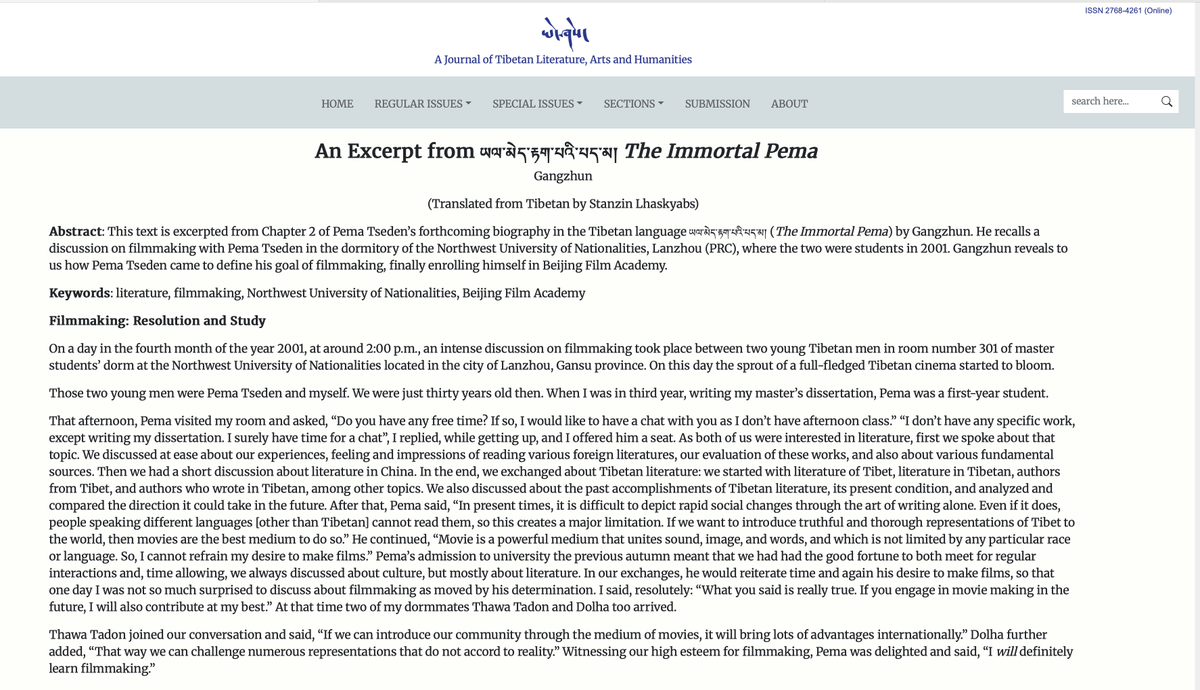 In this excerpt from Pema Tseden’s forthcoming biography ཡལ་མེད་རྟག་པའི་པད་མ། (The Immortal Pema) by Gangzhun, we learn how Pema Tseden came to define his goal of filmmaking, finally enrolling himself in Beijing Film Academy
yeshe.org/wp-content/upl…
