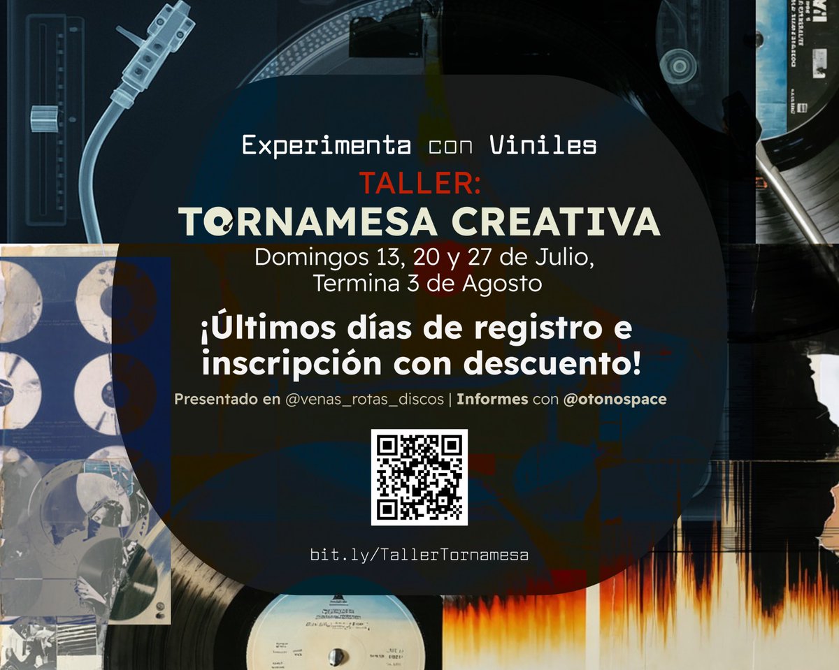 Compartimos un taller de #TornamesaCreativa y #Experimentacion con #Viniles en #VenasRotasDiscos 

—Inicia el Domingo 13 de Julio
—Termina el Domingo 3 de Agosto

A lo largo de 4 sesiones enfocadas a la práctica, revisaremos aspectos de las tornamesas, radiografías sonoras y más.