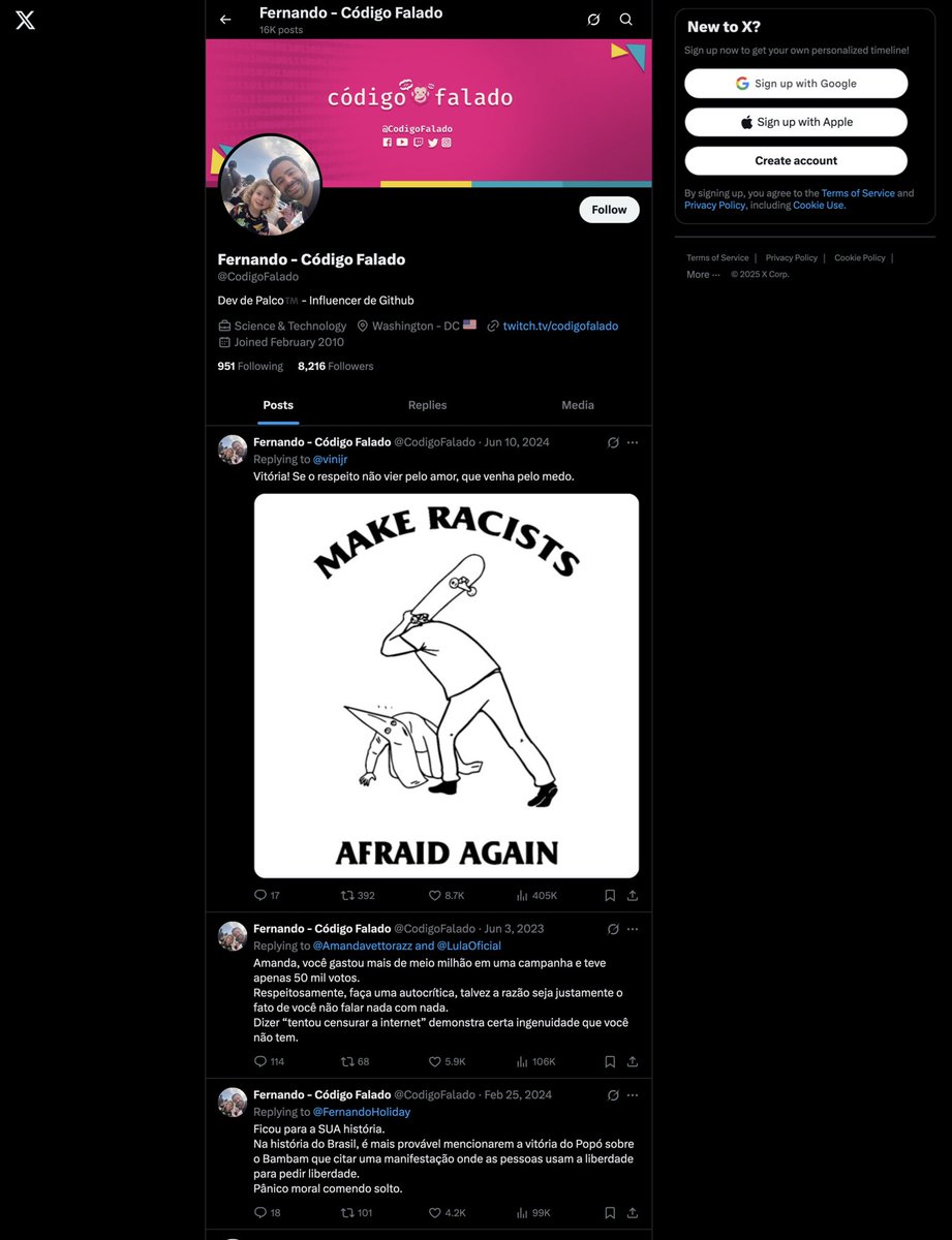 Parece que o Helião Moska mandou trocar a página do seu perfil no Twitter quando visto por alguém deslogado.
Agora se você entra em um perfil estando deslogado da plataforma, ao invés de ver os tweets em ordem cronológica, o sistema te mostra os tweets MAIS POPULARES.