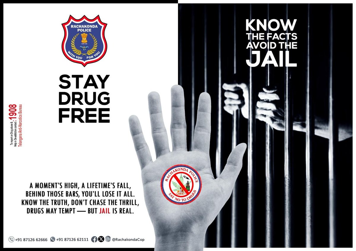 #TodaysThemePoster

🚫 Stay Drug-Free, Stay Safe!
To report drug abuse or seek help for de-addiction, contact:📞 1908 – Telangana Anti-Narcotics Bureau.

#SayNoToDrugs #BeSmartDontStart #RachakondaPolice