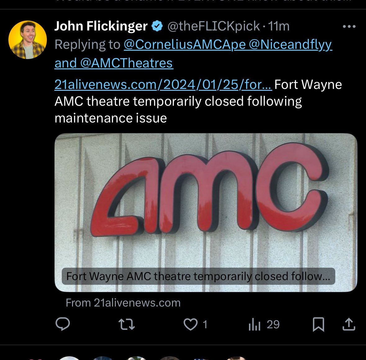 CorneliusAMCApe's tweet photo. account @theFLICKpick posted a slander post (now deleted), making up lies about “his local AMC Theater”.  Using an old, unrelated article to make his claim, but is actually just a dirty liar. Why would someone want to make up stuff about AMC? 🧐

 #APESNOTLEAVING $AMC #AMC https://t.co/n6HJHlpxxp