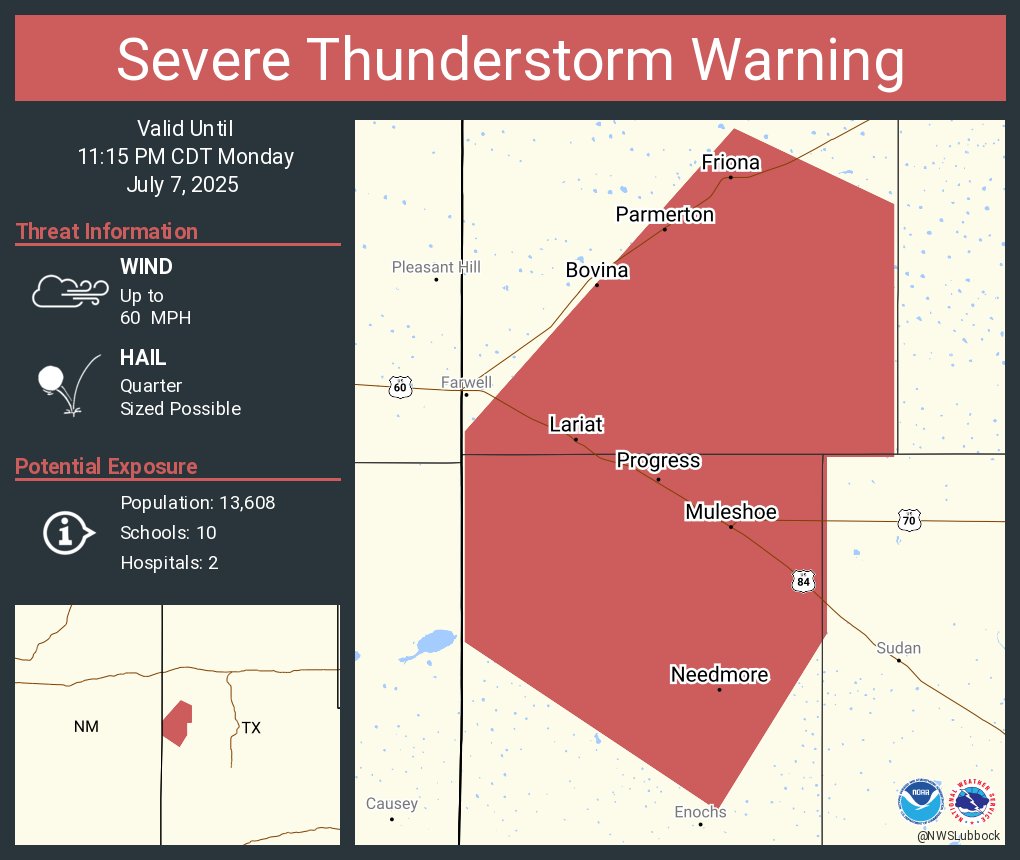 Severe Thunderstorm Warning continues for Muleshoe TX, Friona TX and  Bovina TX until 11:15 PM CDT