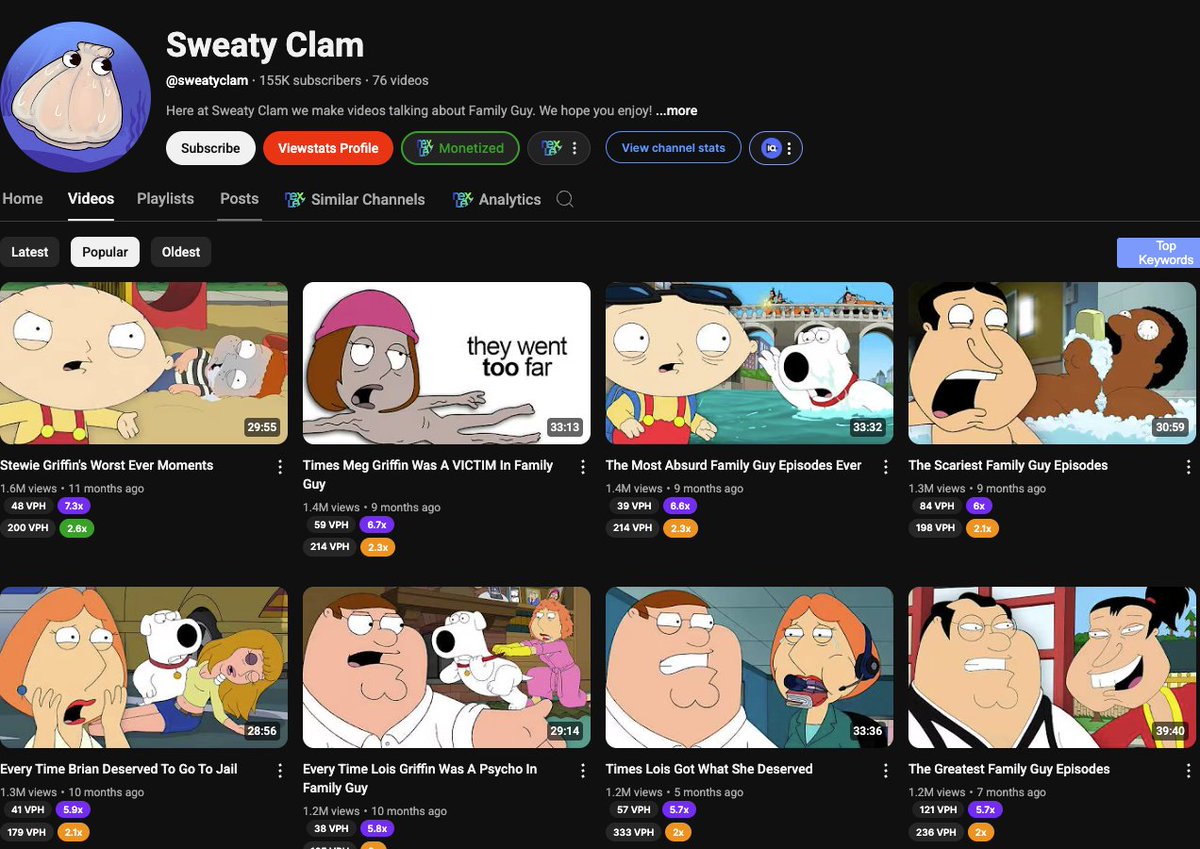 NICHE LEAK! 🚨 (You'll want to bookmark this)      

Channel started 11 months ago      

Likely made $200k or MORE (assuming $5 rpm)      

High quality family guy content  

Need more niches? Retweet and Comment "NICHE" and I'll DM you