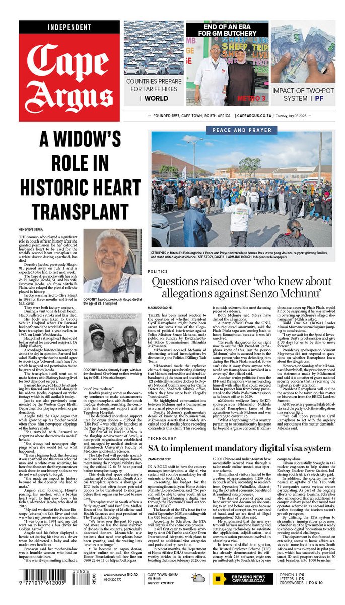 In your Tuesday edition of the Cape Argus:

🗞️Hitman gets 25 years for murder of ANCYL leader
🗞️What you need to know about the new mandatory digital visa system
🗞️Groenewald proposes revisiting corporal punishment to tackle prison overcrowding