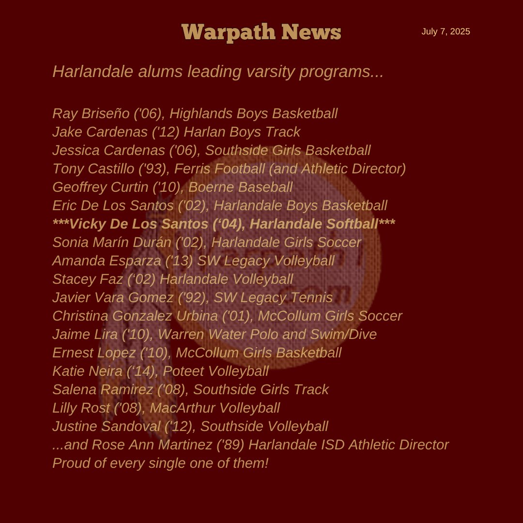 We have an add!
Congratulations Vicky De Los Santos (HHS '04) on being named Harlandale Softball Head Coach.