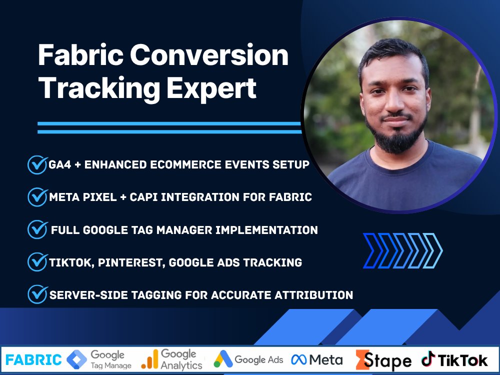 ArifulIslamCSE's tweet photo. Using Fabric but tracking’s off?
I fix:
✅ GA4 + Meta CAPI
✅ TikTok, Pinterest, Google Ads
✅ Server-side GTM setup
📩 DM “FABRIC FIX” for a free audit
#GoogleAds #GA4 #GTM #TrackingFix #EcommerceTracking https://t.co/5QiCm8e5zI