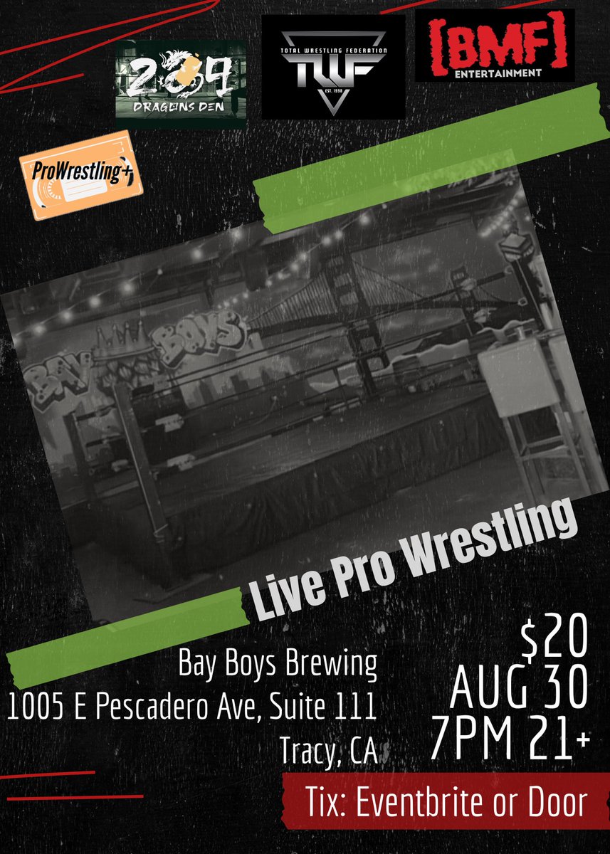 SHOW ANNOUNCEMENT: TWF live pro wrestling returns to Bay Boys Brewing in Tracy, CA on Sat Aug 30. 7pm. $20. Age 21+. Save the date!! Tix on sale soon.

Plus…go to Bay Boys Brewing Aug 2 for a local music festival with some free wrestling matches too.