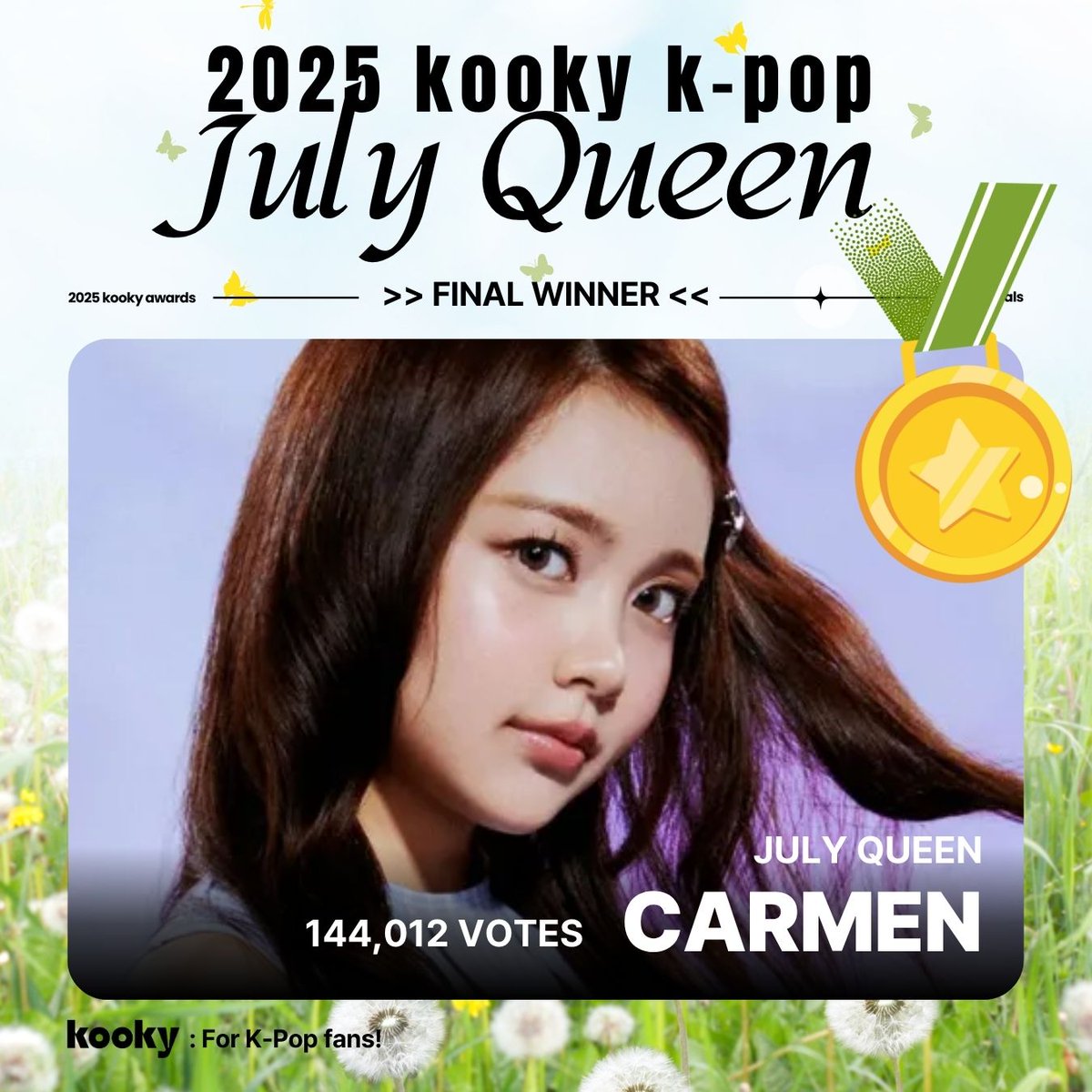 [📣Result] #KookyQueen_July
👑 2025 July K-pop Queen Final Vote👑

FINAL WINNER 🥇
하츠투하츠 카르멘
#Hearts2Hearts #H2H #CARMEN #하투하

🎁 Hapjeong Subway LED Screen Ads
📅 2025.07.22 - 08.05 (15 days)
✨ 2 LED Screens / 50 times per 1 Day / 10 sec
📍Hapjeong Station B1
⏰ 5AM