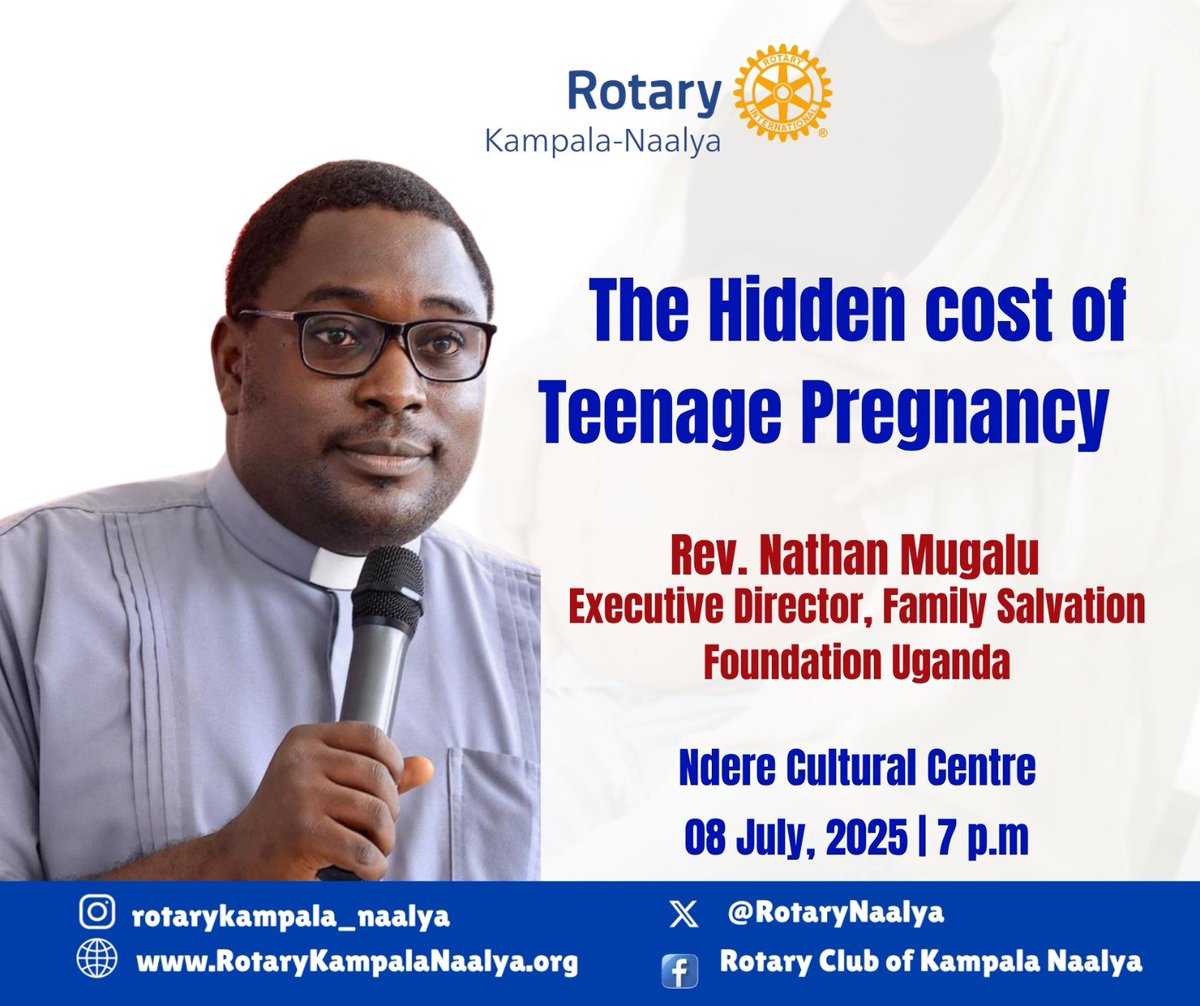 Rotary Club of Kampala-Naalya (@rotarynaalya) on Twitter photo Teenage pregnancy robs girls of #education, burdens #families, and #weakens communities socially & economically. Join us this evening at Ndere Centre as <a href="/MugaluNathan/">Rev.Nathan Balirwana Mugalu</a> discusses its realities and solutions.
#EndTeenPregnancy #Rotary Teenage pregnancy robs girls of #education, burdens #families, and #weakens communities socially & economically. Join us this evening at Ndere Centre as <a href="/MugaluNathan/">Rev.Nathan Balirwana Mugalu</a> discusses its realities and solutions.
#EndTeenPregnancy #Rotary