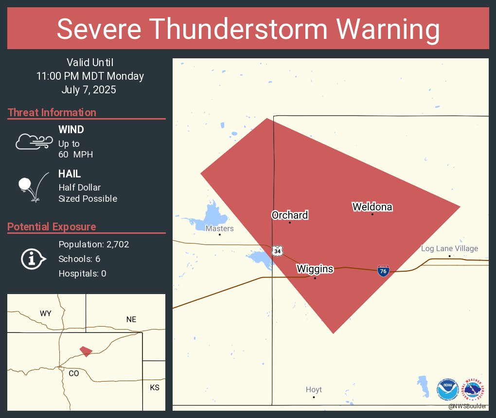 Severe Thunderstorm Warning including Wiggins CO, Weldona CO and  Orchard CO until 11:00 PM MDT