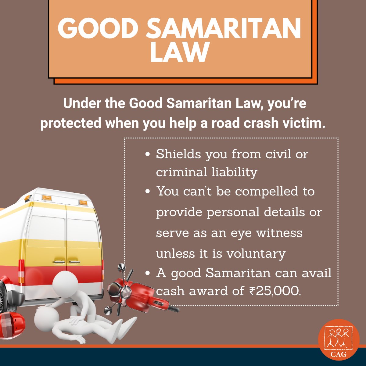 CAGChennai's tweet photo. Saving lives is noble and you need not fear about the legal hassles of helping a road crash victim since you’re protected by the Good Samaritan law. 🛡️ No more fear of police or the court. 🤝 Step in, help out, and walk away a hero. #HelpWithoutFear @NHM_TN @RoadSafetyNetwk https://t.co/B6grK3Vhnf