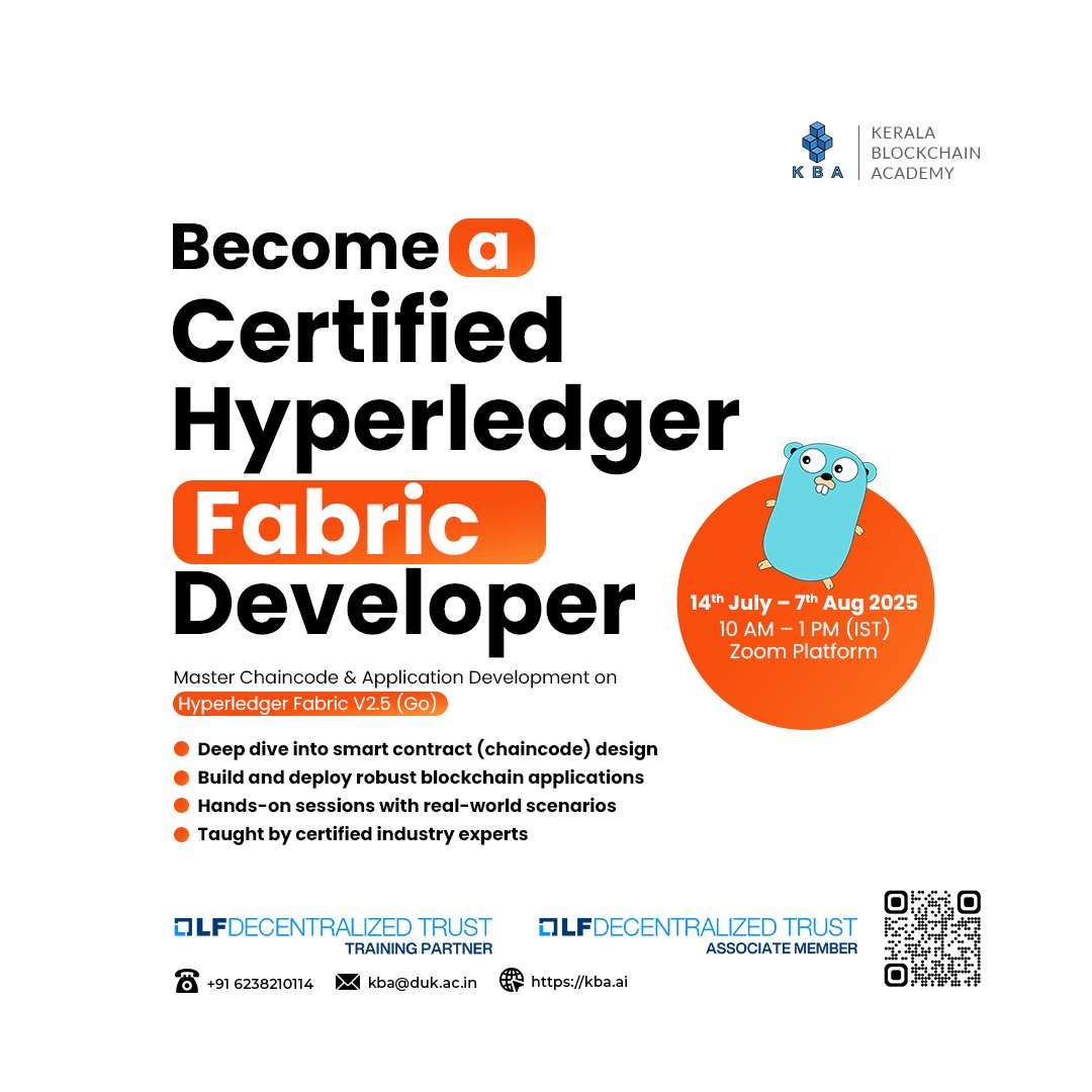 kbaiiitmk's tweet image. Looking to specialise in #enterpriseblockchain?
Register Today: kba.ai/certified-hype…
Date: 14th July – 7th Aug 2025 I Time: 10 AM – 1 PM IST I Online-Zoom
#blockchaindevelopment #hyperledger #Go #programming #SmartContract #OnlineTraining #kba #kbaiiitmk #chaincode