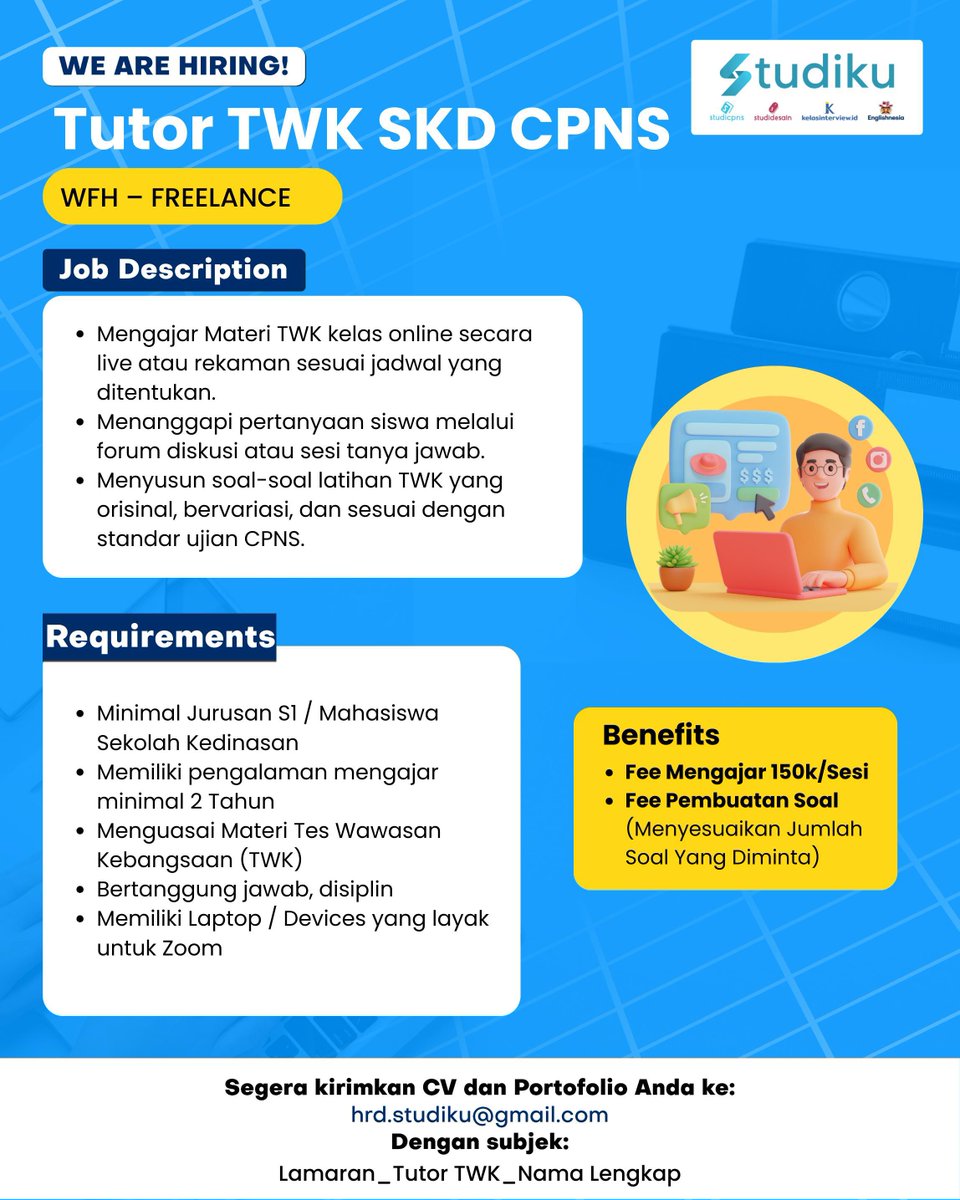 loker_gurudosen's tweet image. Lowongan kerja tutor TWK SKD CPNS di STUDIKU
Deadline: SEGERA
#tutor #lokertutor #freelance #lokerwfh #studiku