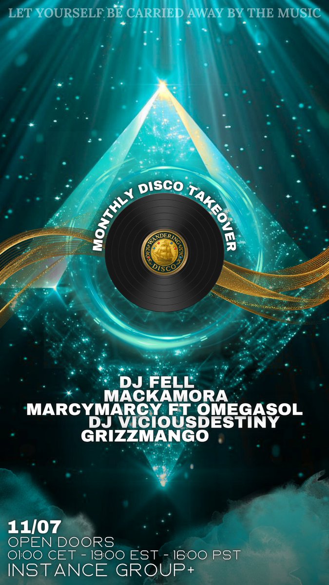 WanderingVR's tweet image. This Friday the Disco Takeover is back! With an awesome DJ selection and disco vibes!
Open Doors: 1:00 CET - 19:00 EST
@mac_vrc @OmegaSolVR @GrizzMango