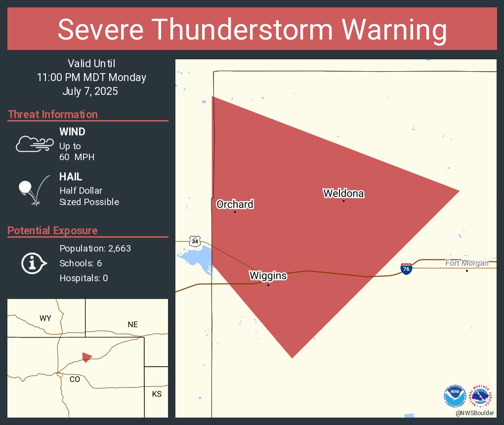 Severe Thunderstorm Warning continues for Wiggins CO, Weldona CO and  Orchard CO until 11:00 PM MDT