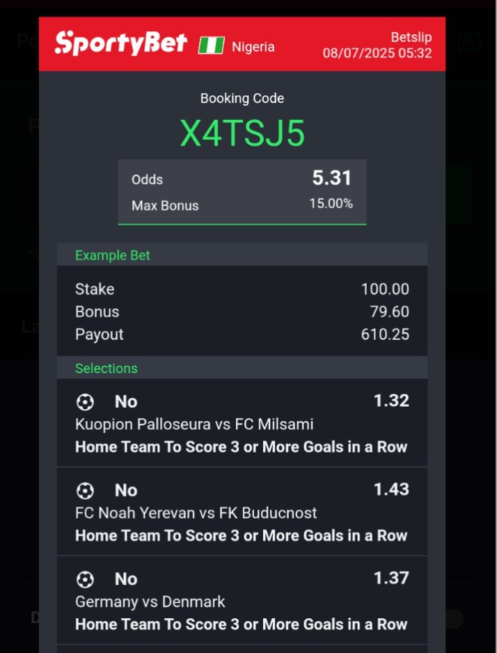5 odds 

X4TSJ5

No 3 goals in a row by one team

Gamble responsibly 🔞📣📣 

<a href="/AdekonojoOlaol2/">SHANTY⚽️🏀TIPS</a> <a href="/MichaelEdinam/">Edinam Michael</a> <a href="/ADT_Freetips/">ADT</a> @Isapropunter @guddybets @Afc_Saks <a href="/allentipz/">ALLENTIPZ</a> @BetLane_01 <a href="/bettinghubgames/">BETTING HUB ⭐️🫵🏽</a> <a href="/BettingKrown/">BETTING KROWN</a> @BOOM_TO_WIN <a href="/BoomQueen_/">BoomQueen💥👸🏽</a> <a href="/DCO_ANALYSIS/">DCO ANALYSIS 🌕</a> <a href="/diviniro_tipss/">Diviniro Tipss 🏆🏆</a> @Freshtip1