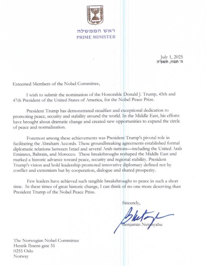 نتانیاهو ترامپ را نامزد جایزه صلح نوبل کرد!

نتانیاهو هم فهمیده ترامپ عقده صلح نوبل را داره برای همین خودش نامزدش کرده تا این جایزه را ببره و از سر راه نتانیاهو کنار بره!