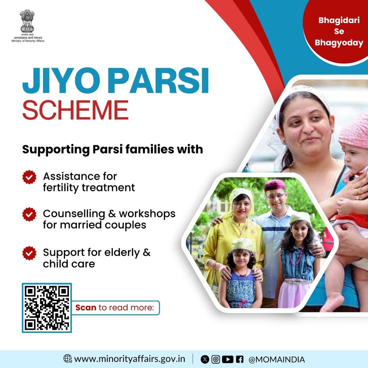 Jiyo Parsi, a Central Sector Scheme by the Ministry of Minority Affairs, focuses on reversing the population decline of the Parsi community in India.
Through scientific protocols and structured interventions, the scheme works to stabilise and increase the Parsi population while