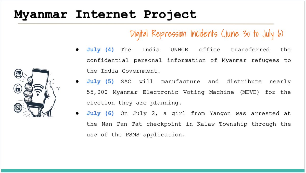 Myanmar_IP's tweet image. Digital Repression Incidents in Myanmar (June 30 to July 6 )
#FOE
#InternetShutDown
#Surveillance
#Digital_Repression
#WhatsHappeningInMyanmar
#KeepItOn
Full Report >>> myanmarinternet.info/digital-coup