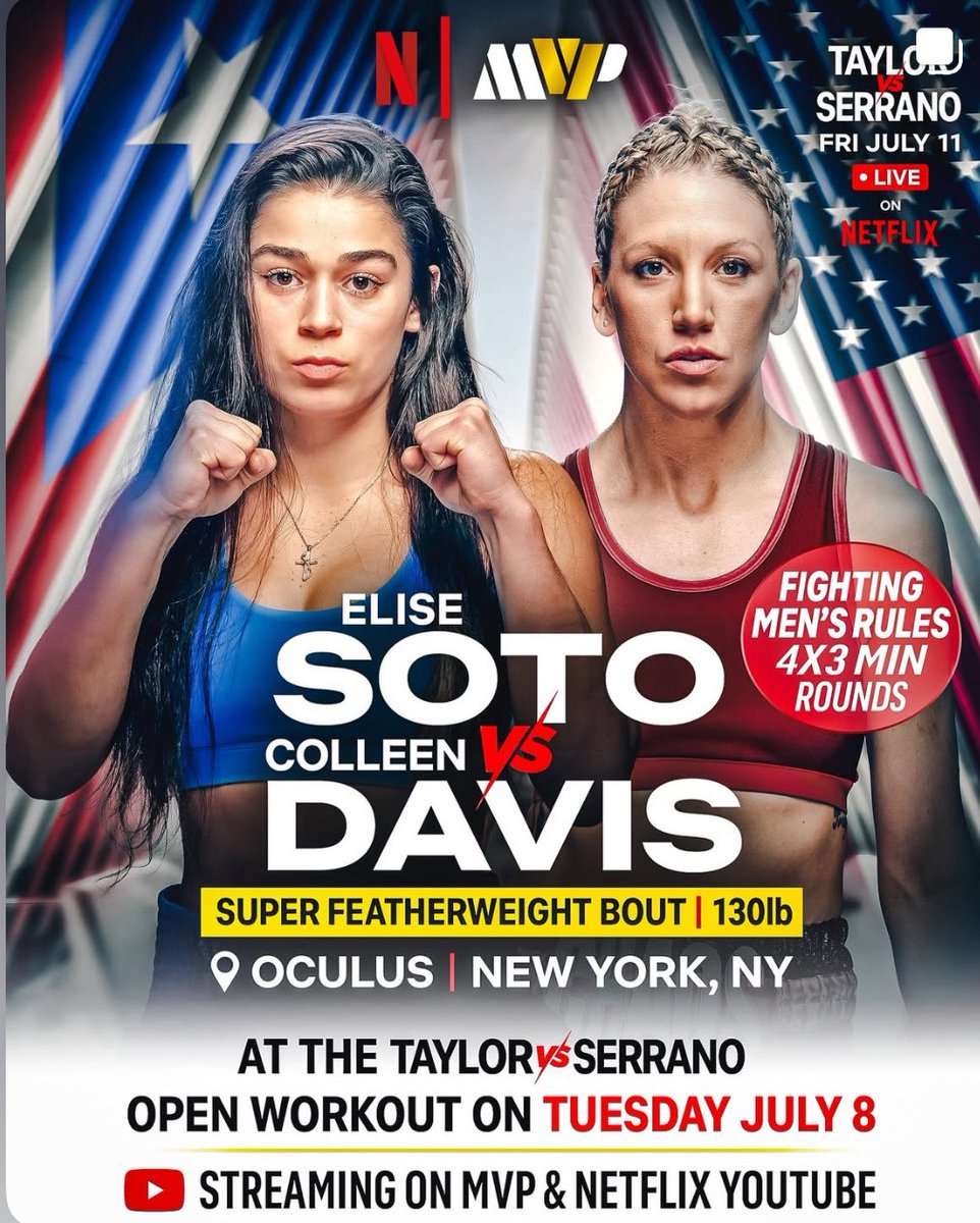 BoxingMeetsBeauty (@boxingmbeauty) on Twitter photo Puerto Rico’s Elise Soto vs Pennsylvania’s Colleen Davis in a 4 x 3 min super feather bout <a href="/MostVpromotions/">Most Valuable Promotions</a> Taylor/Serrano Open Workout on Tuesday at Oculus, NY. Live on MVP & Netflix YouTube Puerto Rico’s Elise Soto vs Pennsylvania’s Colleen Davis in a 4 x 3 min super feather bout <a href="/MostVpromotions/">Most Valuable Promotions</a> Taylor/Serrano Open Workout on Tuesday at Oculus, NY. Live on MVP & Netflix YouTube