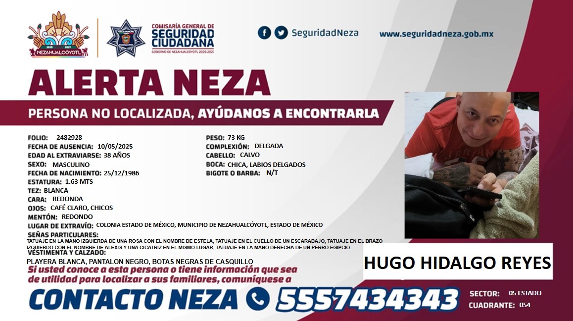 ⚠️ #AlertaNeza | Tu ayuda es muy importante para localizar a #Hugo Hidalgo Reyes.

Cualquier información, comunícate al 📞 55 5743 4343.