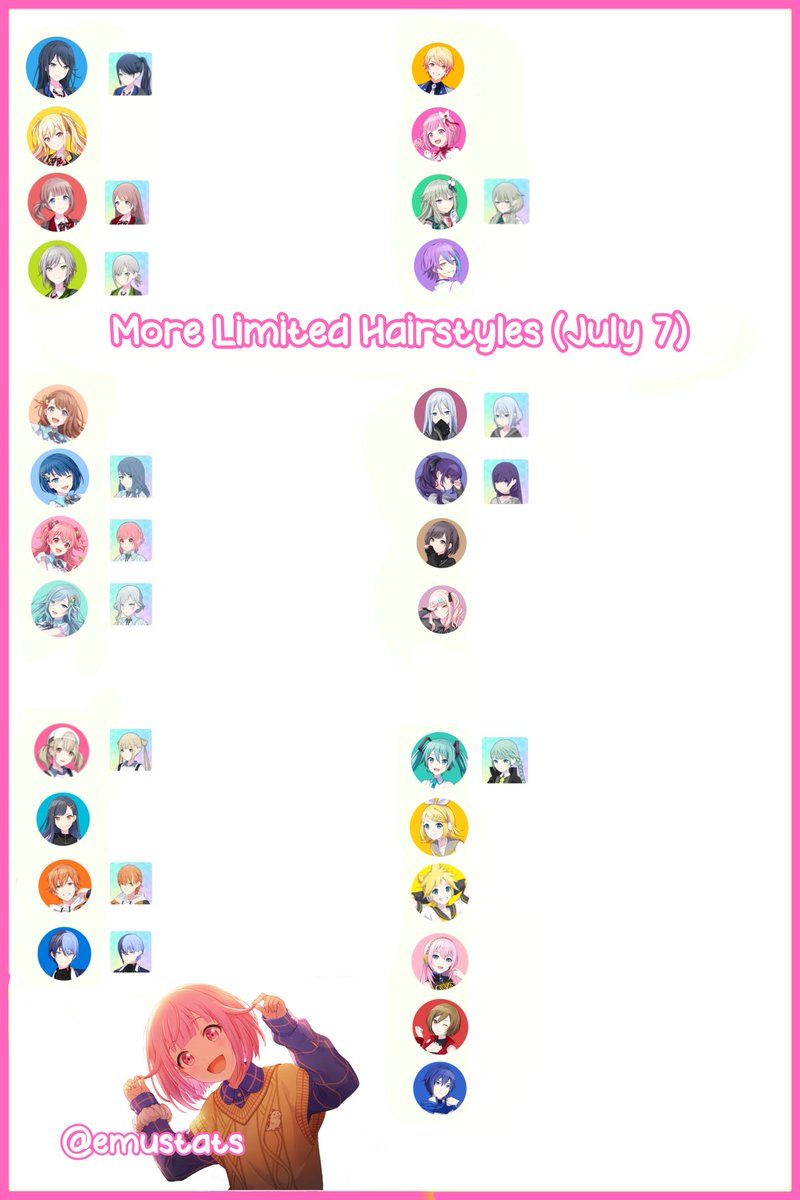 emustats's tweet image. ALL Limited Hairstyles : July 7
Rui5 + Bloomfes Hairstyles added!
#プロセカ #prsktwt
