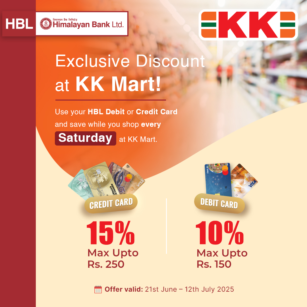 Tap, shop, and save at KK Mart every SATURDAY! 📷
Hurry up and grab up to 15% off with your HBL Credit or Debit Cards.

#HimalayanBank #KKMart #HBLOffers