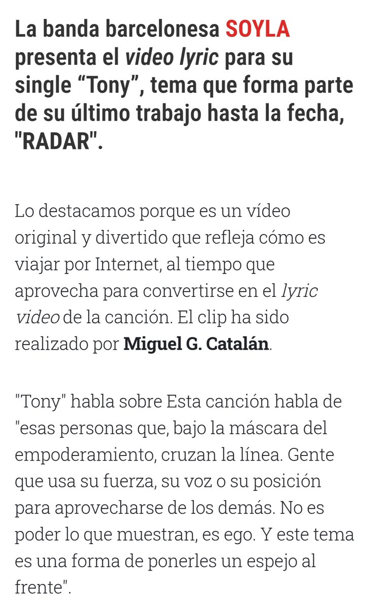 SOYLA (@soyla_banda) on Twitter photo Que bonito es que un pedazo de medio como <a href="/mondo_sonoro/">Mondo Sonoro</a> escriba sobre nuestra música y sobre TONY, nuestro último single que hemos lanzado junto a un Lyric Vídeo maravilloso creado por <a href="/MiguelGCatalan/">Miguel Catalán</a> ❤️
#lacaproducciones
<a href="/Allsoundspromo/">All Sounds Promotion</a>
<a href="/lacupulamusic/">La Cupula Music</a> Que bonito es que un pedazo de medio como <a href="/mondo_sonoro/">Mondo Sonoro</a> escriba sobre nuestra música y sobre TONY, nuestro último single que hemos lanzado junto a un Lyric Vídeo maravilloso creado por <a href="/MiguelGCatalan/">Miguel Catalán</a> ❤️
#lacaproducciones
<a href="/Allsoundspromo/">All Sounds Promotion</a>
<a href="/lacupulamusic/">La Cupula Music</a>