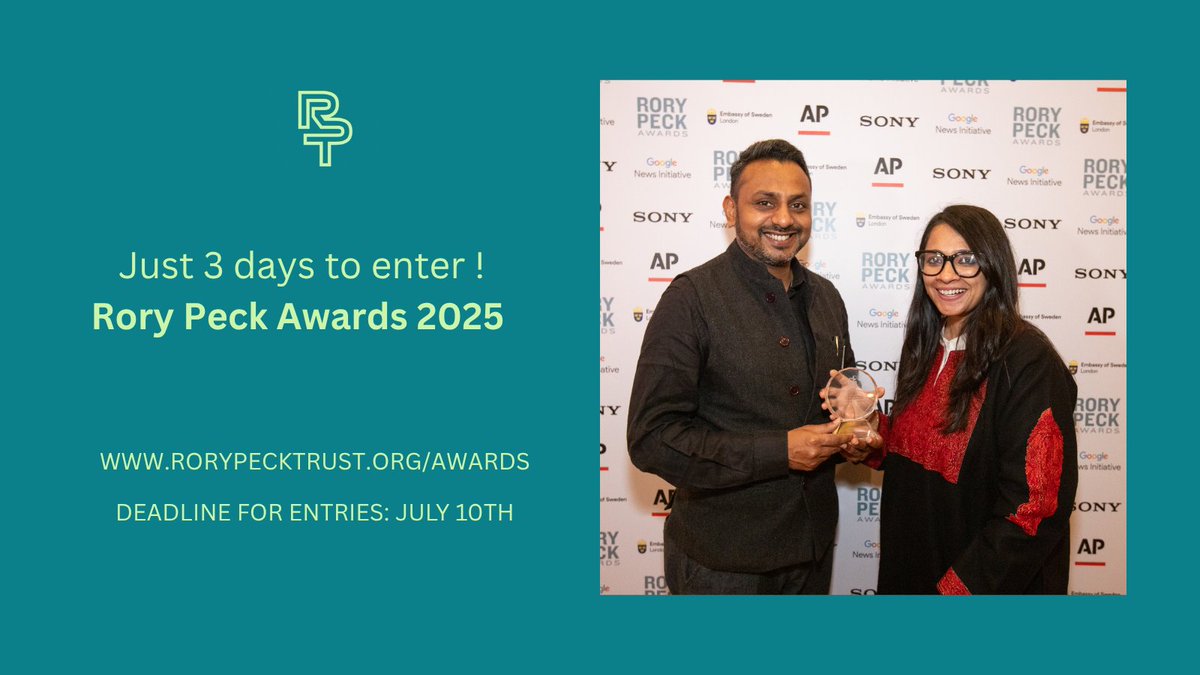 rorypecktrust's tweet image. ⏰Just 3️⃣days to go!
Make sure your work is entered for the most important Awards for #freelance journalists and filmmakers.
Showcase your work to an influential international media audience. Share your story on stage and win a trophy + cash prize.
Fee waivers available to…