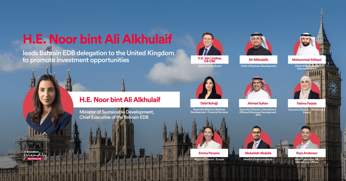 Led by H.E. Noor bint Ali Alkhulaif, Minister of Sustainable Development, Chief Executive of Bahrain EDB, senior officials from the Bahrain EDB head to the UK to promote investment opportunities to British businesses and investors, engage in meetings with potential prospects, and