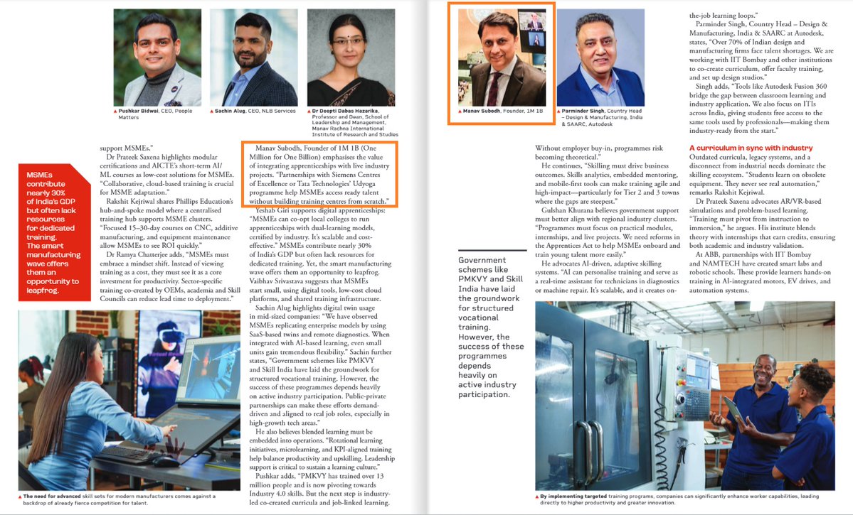 1M1B (@activate1m1b) on Twitter photo “Partnerships with Siemens Centres of Excellence or Tata Technologies’ Udyoga programme help MSMEs access ready talent without building training centres from scratch” — Manav Subodh, Founder of #1M1B, in <a href="/MfrgTodayIndia/">Manufacturing Today India</a> magazine.
At 1M1B, we believe in building scalable “Partnerships with Siemens Centres of Excellence or Tata Technologies’ Udyoga programme help MSMEs access ready talent without building training centres from scratch” — Manav Subodh, Founder of #1M1B, in <a href="/MfrgTodayIndia/">Manufacturing Today India</a> magazine.
At 1M1B, we believe in building scalable
