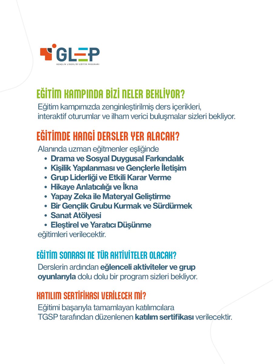 🎓 Öğretmenlerimiz için düzenlenen Gençlik Liderliği Eğitim Kampı Başlıyor!

1-5 Eylül’de İstanbul Sabahattin Zaim Üniversitesi’nde gerçekleşecek kampta; liderlik, iletişim, yapay zekâ, hikâye anlatıcılığı ve daha fazlası seni bekliyor!

🧠 Dersler, atölyeler, eğlenceli