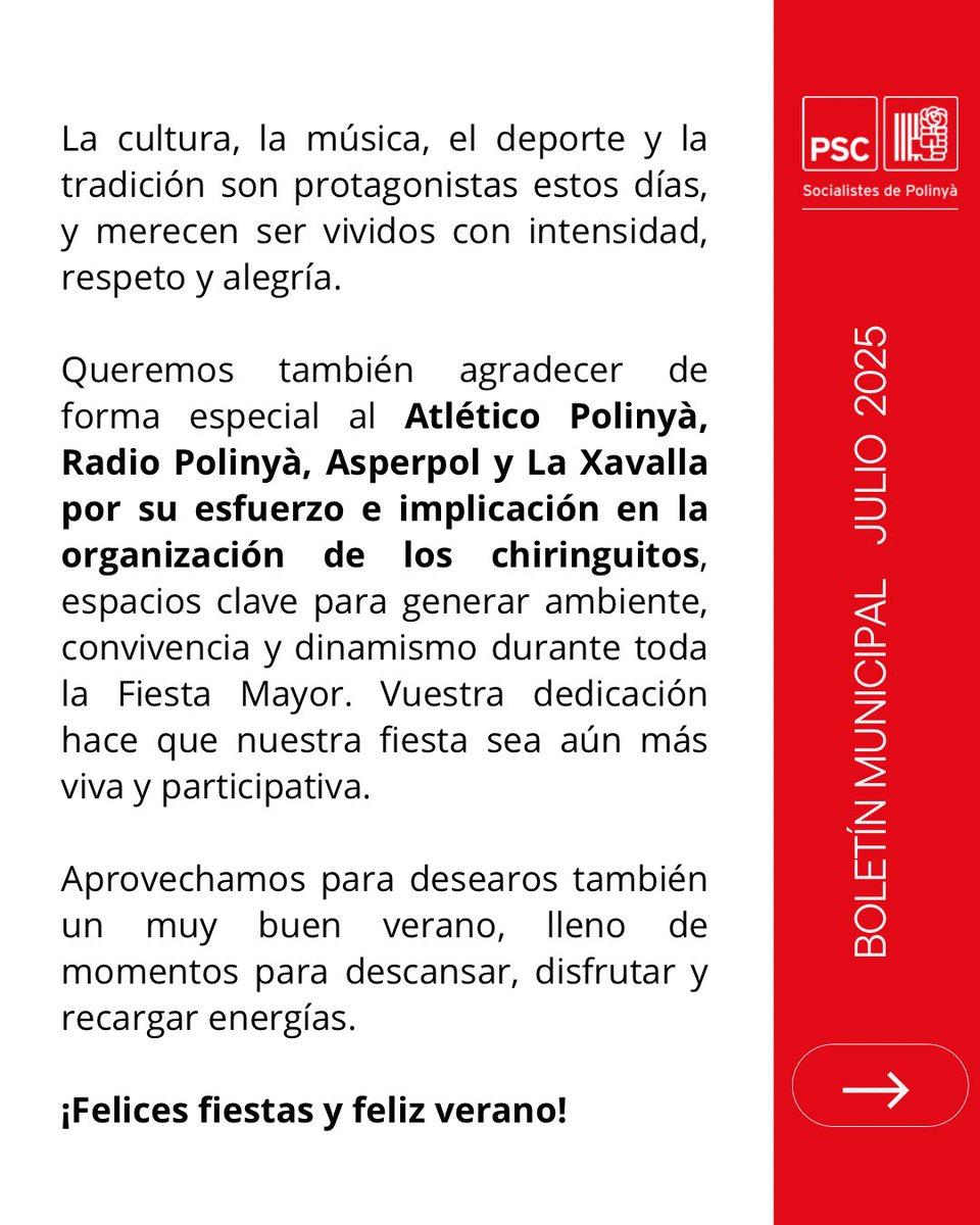 📰🗣️Article d’opinió del mes de juliol de 2025 del grup municipal del #PSC en el butlletí municipal La Bomba.

“¡DISFRUTEMOS DE NUESTRA FIESTA MAYOR!”

#polinyà