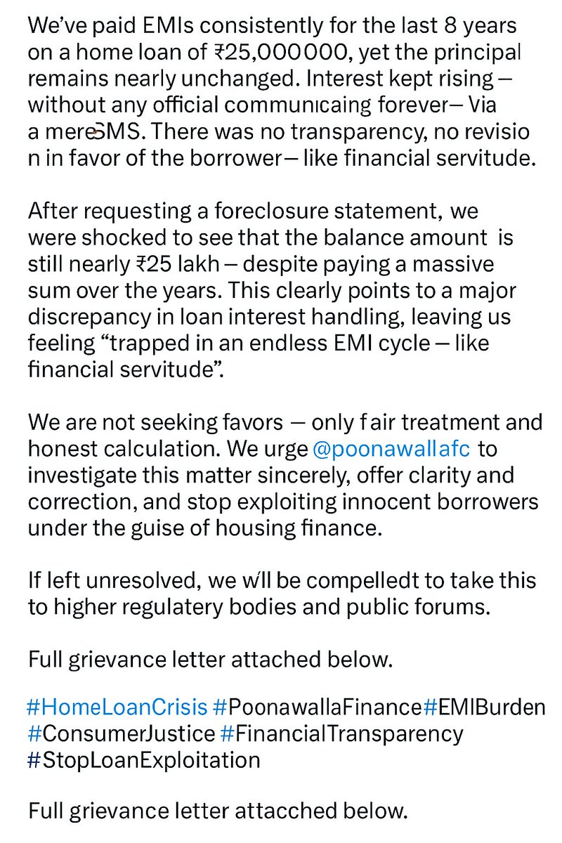 GamingHito80558's tweet image. We’ve paid ₹30L in EMIs over 8 years for a ₹25L loan from @poonawallahfc, yet the principal remains nearly unchanged. Interest kept rising silently. Are we paying forever? We demand transparency and justice.
📎 Full letter below.
#LoanTrap #EMIBurden #ConsumerRights
