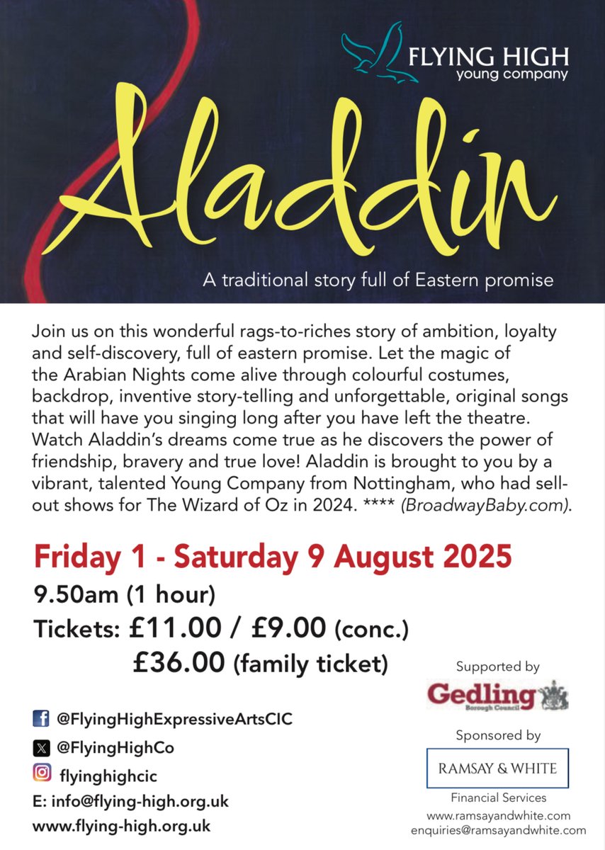 🕌✨ Have you booked your tickets for Aladdin at <a href="/edfringe/">Edinburgh Festival Fringe</a> yet? ✨🕌

🎭 Limited seats available — they’re flying faster than a magic carpet!
📅 1 - 9 August 2025
📍 theSpace @ Niddry St
🎟️ Book now via the link in our bio

Let us show you a whole new world… 🌟