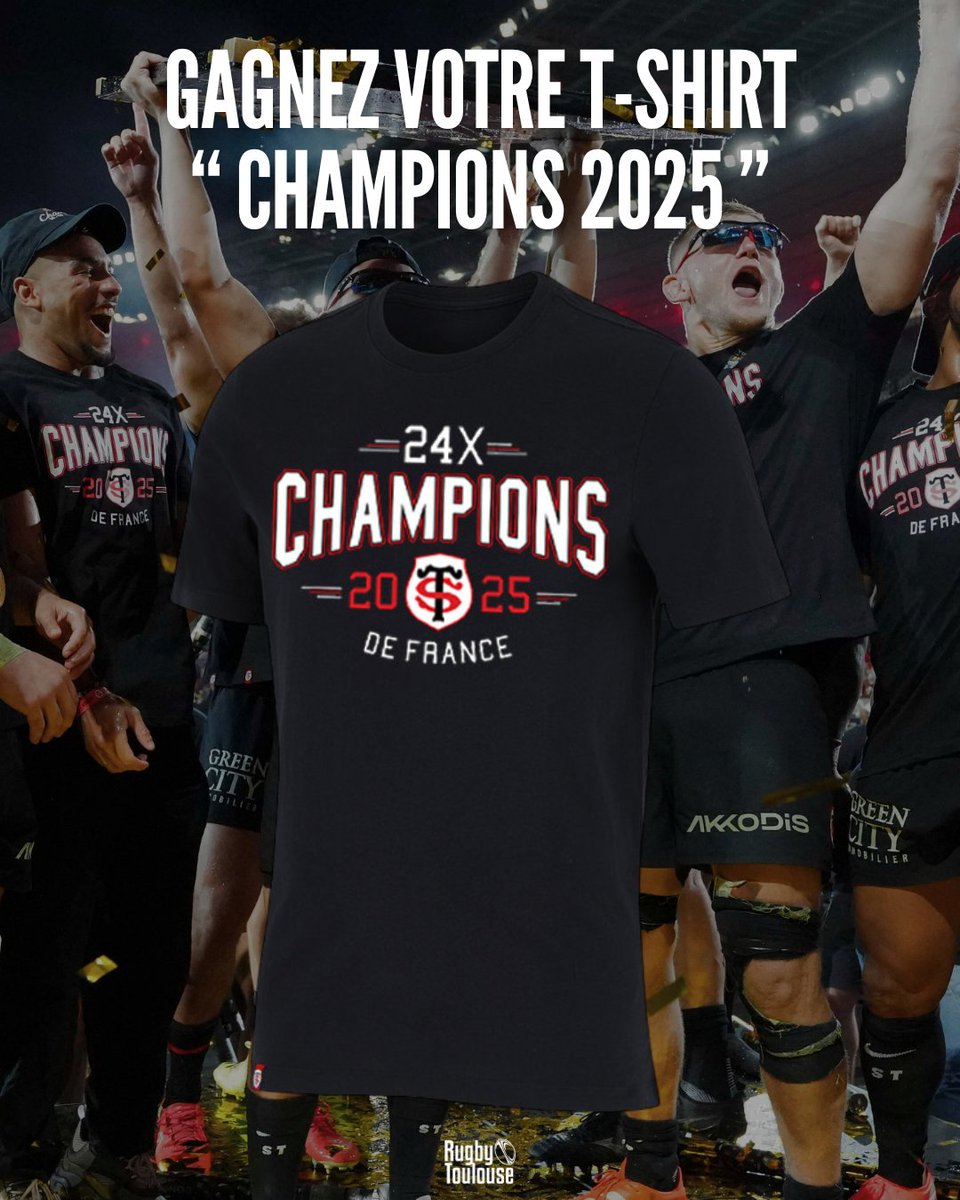 RugbyToulouse__'s tweet photo. 🎁 À l'occasion du nouveau Brennus remporté, @RugbyToulouse__ vous fait gagner votre t-shirt "Champions 2025" !

ℹ️ Pour participer : 
↪️ Abonnez-vous à notre compte @RugbyToulouse__ 
↪️ RT ce tweet
↪️ Commentez ce tweet

🤞 Résultat annoncé ce lundi https://t.co/fjVAQyDZeu