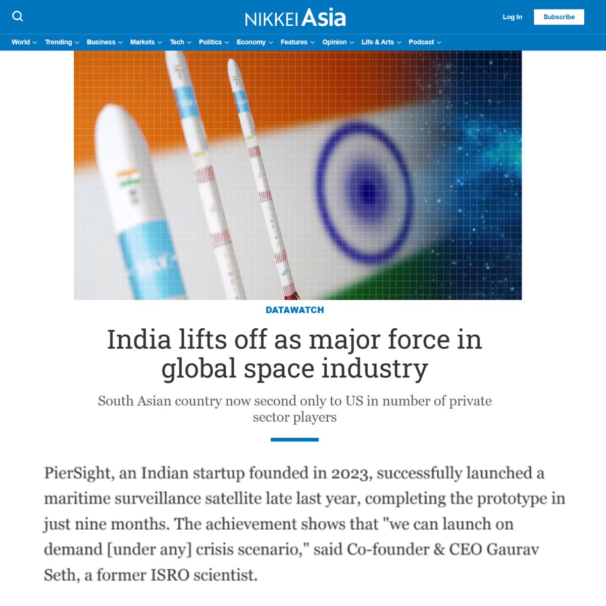 PierSight (@piersightspace) on Twitter photo We were recently featured in Nikkei Asia in their story on “India's emergence as a global space powerhouse.”
A big thank you to <a href="/NikkeiAsia/">Nikkei Asia</a> and Aiko Munakata for visiting PierSight HQ and engaging with our CEO, <a href="/GauravSeth93/">Gaurav Seth</a>, and the team in person.
We appreciate the thoughtful We were recently featured in Nikkei Asia in their story on “India's emergence as a global space powerhouse.”
A big thank you to <a href="/NikkeiAsia/">Nikkei Asia</a> and Aiko Munakata for visiting PierSight HQ and engaging with our CEO, <a href="/GauravSeth93/">Gaurav Seth</a>, and the team in person.
We appreciate the thoughtful