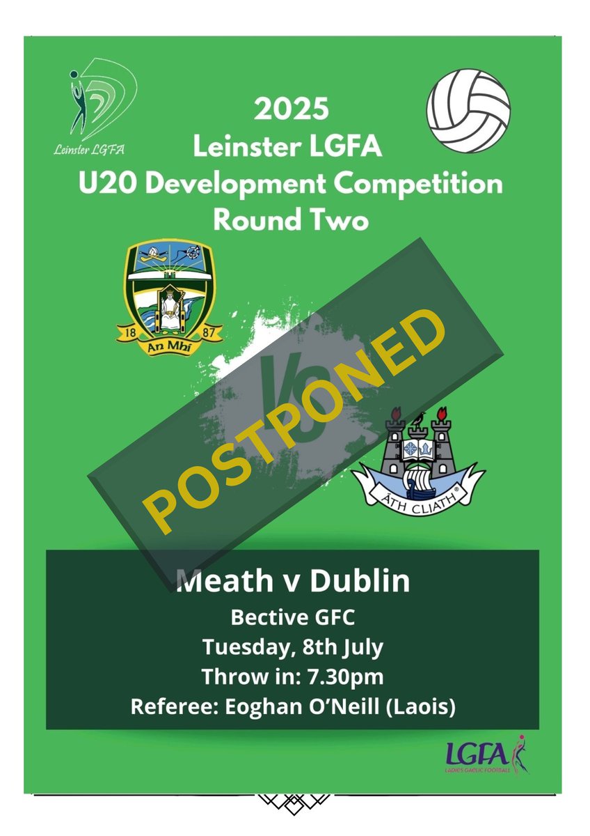 Meath LGFA (@meathladiesmlgf) on Twitter photo Unfortunately due to circumstances beyond our control, our Under 20 match v Dublin tonight has been POSTPONED by <a href="/LeinsterLGFA/">Leinster LGFA</a>
When we get more information we will update you all. Unfortunately due to circumstances beyond our control, our Under 20 match v Dublin tonight has been POSTPONED by <a href="/LeinsterLGFA/">Leinster LGFA</a>
When we get more information we will update you all.