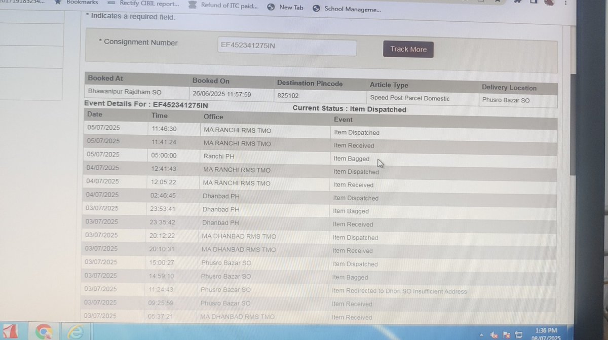 caskbansal's tweet photo. @IndiaPostOffice @joshisi456 Where is the consignment status not updated after 05/07/2025 as such has been redirected to Dhori post office 825102 such is urgent parcel pls provide update on the same https://t.co/Xr2YdRt6EK