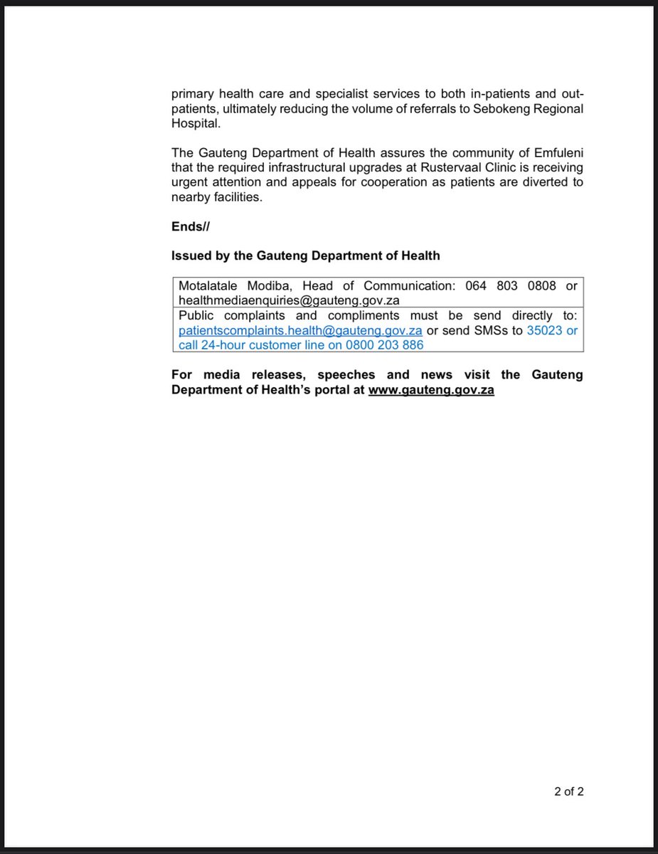 TEMPORARY CLOSURE OF RUSTERVAAL CLINIC IN EMFULENI