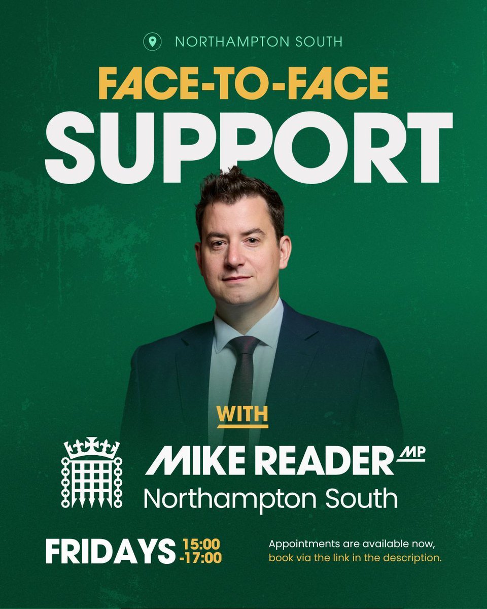 mike_reader's tweet image. I host weekly in-person meetings to meet the needs of my constituents.
If you’re encountering issues or need help, I’m here to assist you.
Book your surgery appointment here: calendly.com/mike-reader-mp…