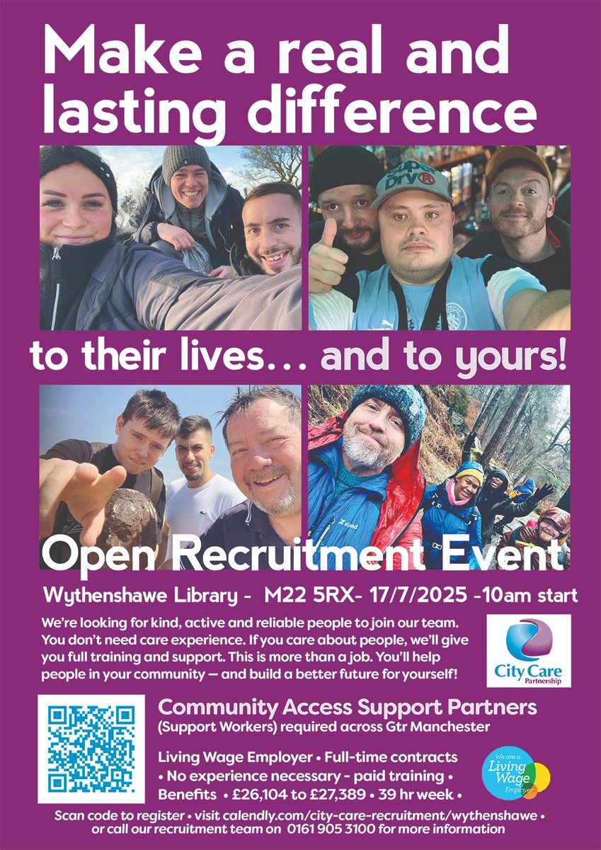 MCC Work and Skills (@mccworkskills) on Twitter photo Aged 21+ and want a rewarding care role?
City Care Partnership is hiring Support Workers across Manchester! 
Join their recruitment day on 17 July at 10am at The Forum Library. 
No experience needed , full training provided.
Must have a valid driver’s licence.
Scan the QR code! Aged 21+ and want a rewarding care role?
City Care Partnership is hiring Support Workers across Manchester! 
Join their recruitment day on 17 July at 10am at The Forum Library. 
No experience needed , full training provided.
Must have a valid driver’s licence.
Scan the QR code!