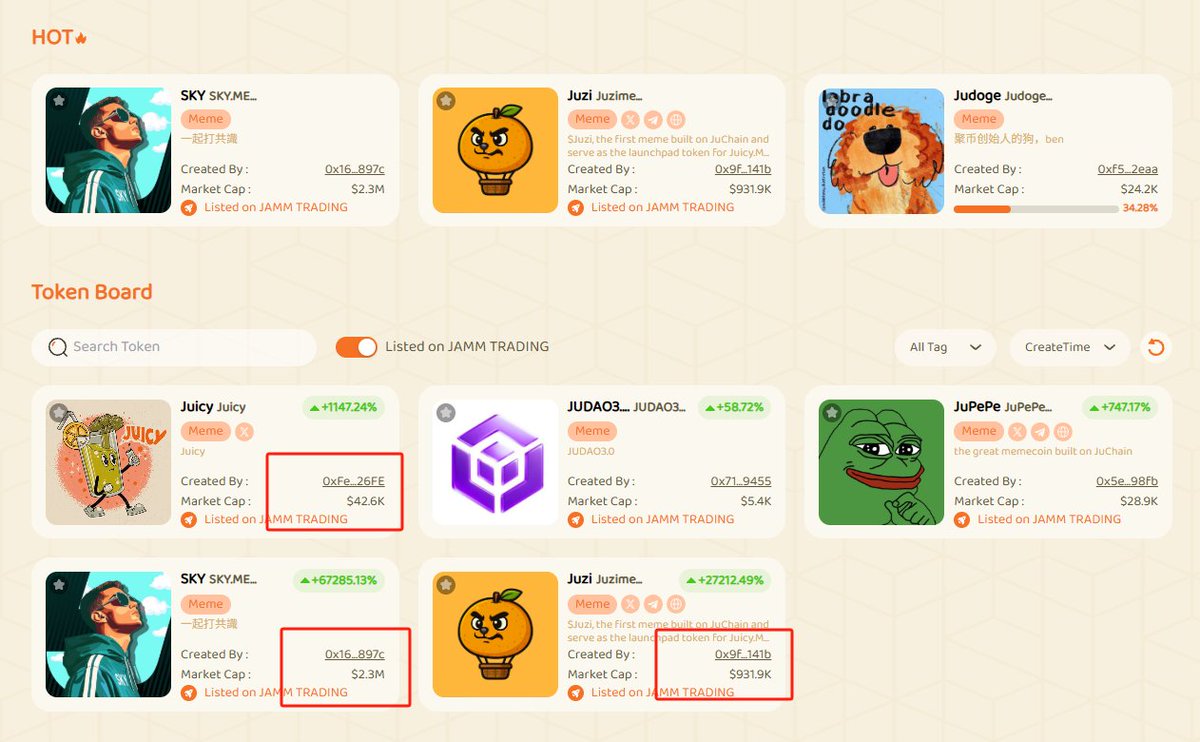 国内地推交易所搞的 #memecoin 发射平台
第一步注册：jamwork.live/zh-CN/accounts…
第二步：注册好之后买入JU
第三步：把JU提到EVM钱包（0x开头的地址）
第四步：进入juicy.meme 连接ok钱包自动配置，选择meme进行购买
已经发射的市值不算高 $sky $juzi $juicy 可以搞一手