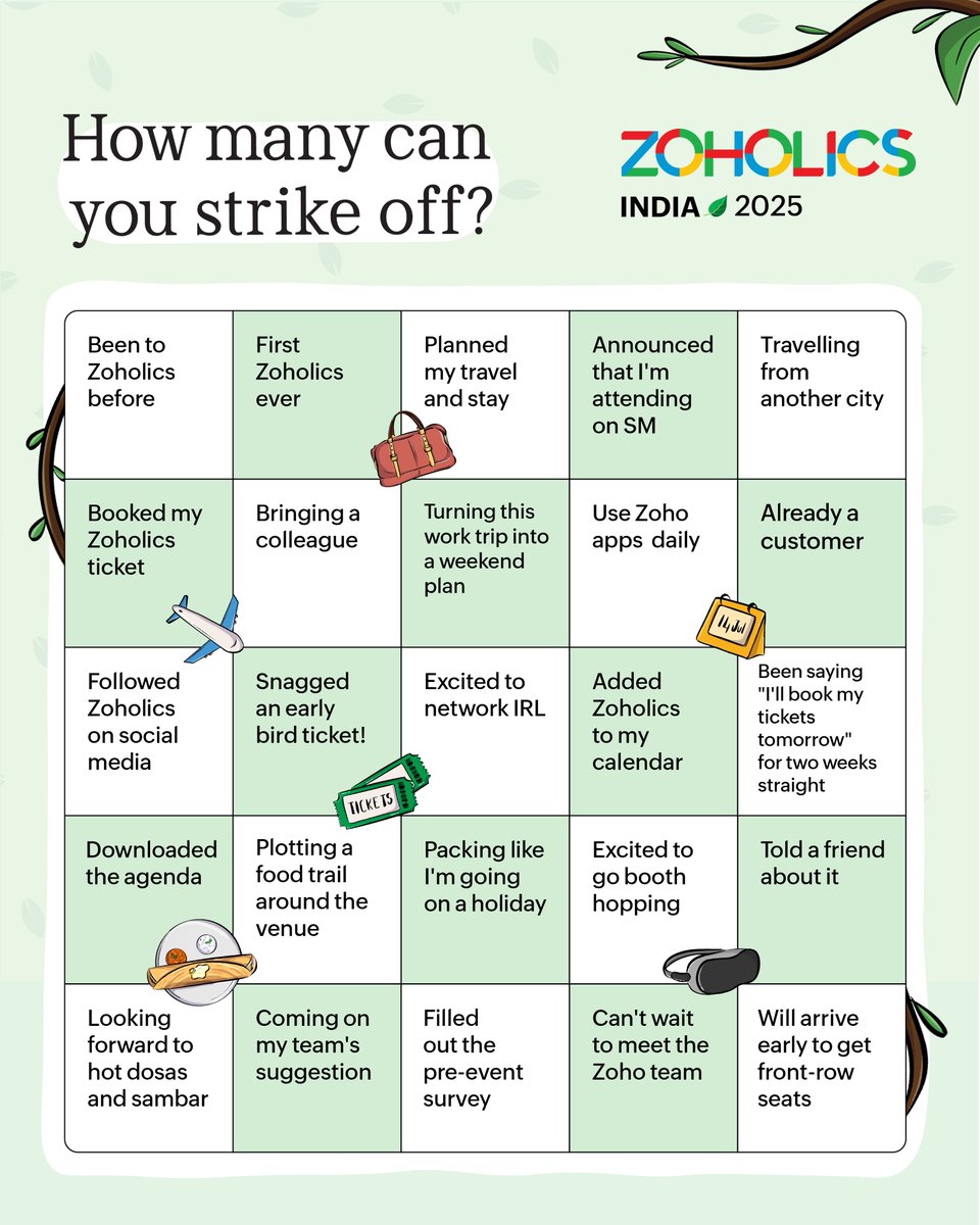 Zoholics's tweet image. #ZoholicsIndia25 is only 5 days away! Whether you're a veteran or a newbie, we know you've done atleast 5 of these.
How many can you check off the list? Let us know in the comments below 👇