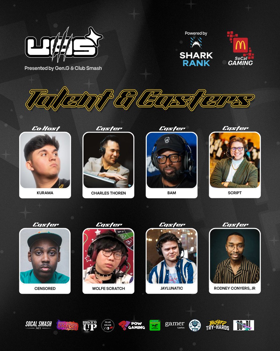 [UAS - UPDATE] Talent &amp; Casters

Welcome to the broadcast:
🗣 <a href="/Kurama_Smash/">Gen.G | Stacked | Kurama</a> 
🎙 <a href="/CharlesThoren_/">Charles Thoren</a> 
🎙 <a href="/BamOfThePpl/">BAM 2.0 Incoming?!??!</a> 
🎙 <a href="/ScriptJCR/">Script 🎙️@ GOML ☁️</a> 
🎙 <a href="/CensoredSays/">Censored</a> 
🎙 <a href="/WolfeScratch/">CS3 | Wolfe Scratch</a> 
🎙 <a href="/JayLunaticc/">POW | JayLunatic</a> 
🎙 <a href="/rodneyconyersjr/">Rodney Conyers, Jr</a> 

Last day to enter UAS is July 9th, 23:59 PT!
💥 bit.ly/UAS_GG