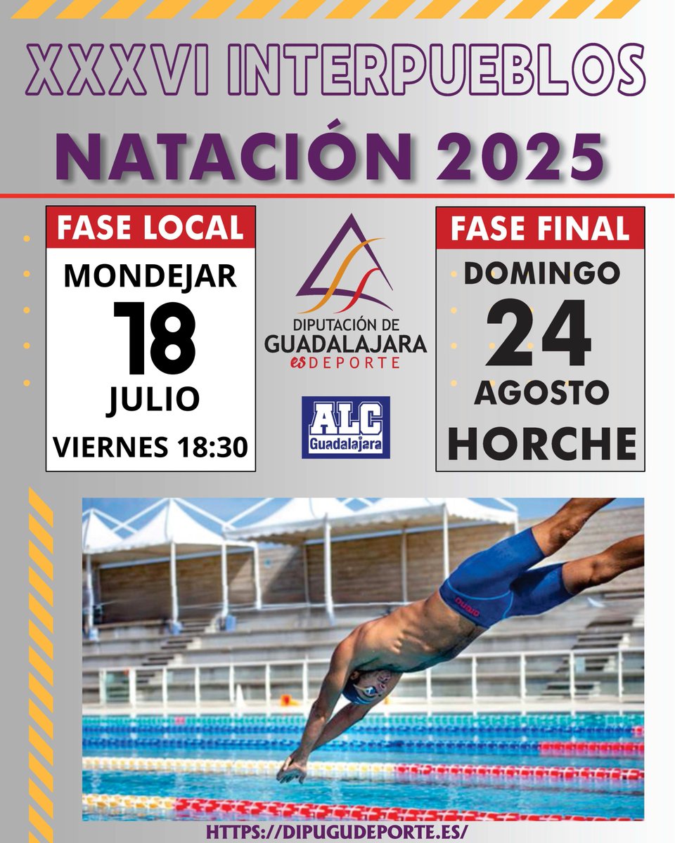 🏊 CAMPEONATO NATACIÓN INTERPUEBLOS 2025 🏊‍♂️
El próximo 📅 Viernes 18 de julio 2025, a las 🕧18:30h, tendrá lugar en en la piscina municipal de #Mondéjar la 36 edición del Campeonato de Natación Interpueblos organizado por la <a href="/dipuguadalajara/">Diputación de Guadalajara</a> . NO TE LO PIERDAS 😜.