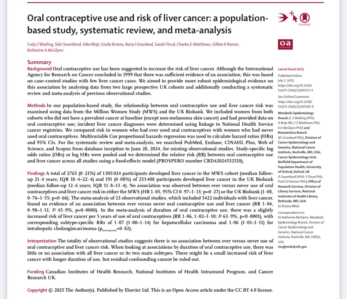 Erman Akkus (@erman_akkus) on Twitter photo 💊Oral contraceptive use and risk of HCC or intrahepatic CCA
<a href="/TheLancetOncol/">The Lancet Oncology</a>
❌No clear association
❓Maybe a little increase with a use of long duration (>5years)
👉thelancet.com/journals/lanon…
#cancer #oncology #liver #MedX <a href="/OncoAlert/">OncoAlert</a> <a href="/LiverCancerConn/">Liver Cancer Connect</a> <a href="/curecc/">Cholangiocarcinoma Foundation</a> 💊Oral contraceptive use and risk of HCC or intrahepatic CCA
<a href="/TheLancetOncol/">The Lancet Oncology</a>
❌No clear association
❓Maybe a little increase with a use of long duration (>5years)
👉thelancet.com/journals/lanon…
#cancer #oncology #liver #MedX <a href="/OncoAlert/">OncoAlert</a> <a href="/LiverCancerConn/">Liver Cancer Connect</a> <a href="/curecc/">Cholangiocarcinoma Foundation</a>