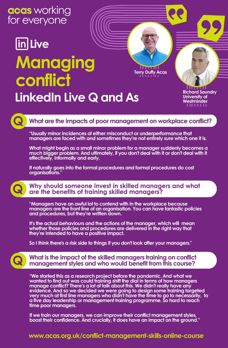 Missed our recent LinkedIn Live? This Q&amp;A roundup graphic pulls together some key questions from our audience. Learn more: acas.org.uk/conflict-manag…